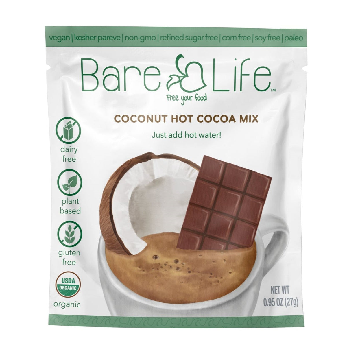 Instant Dairy Free Coconut Hot Cocoa Mix  | Single Serving 10 Pack |Gluten Free, Vegan and Organic Bare Life