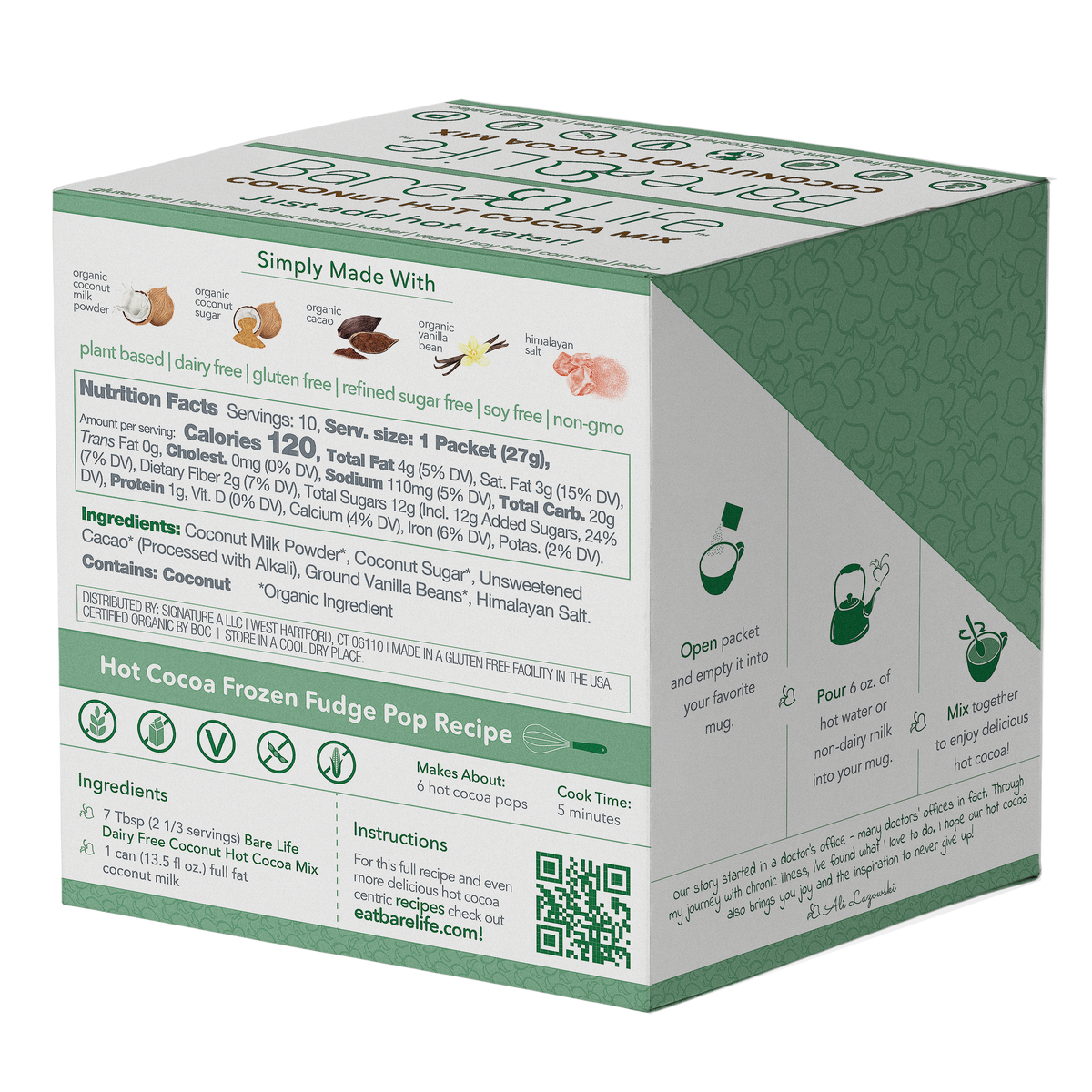 Instant Dairy Free Coconut Hot Cocoa Mix  | Single Serving 10 Pack |Gluten Free, Vegan and Organic Bare Life