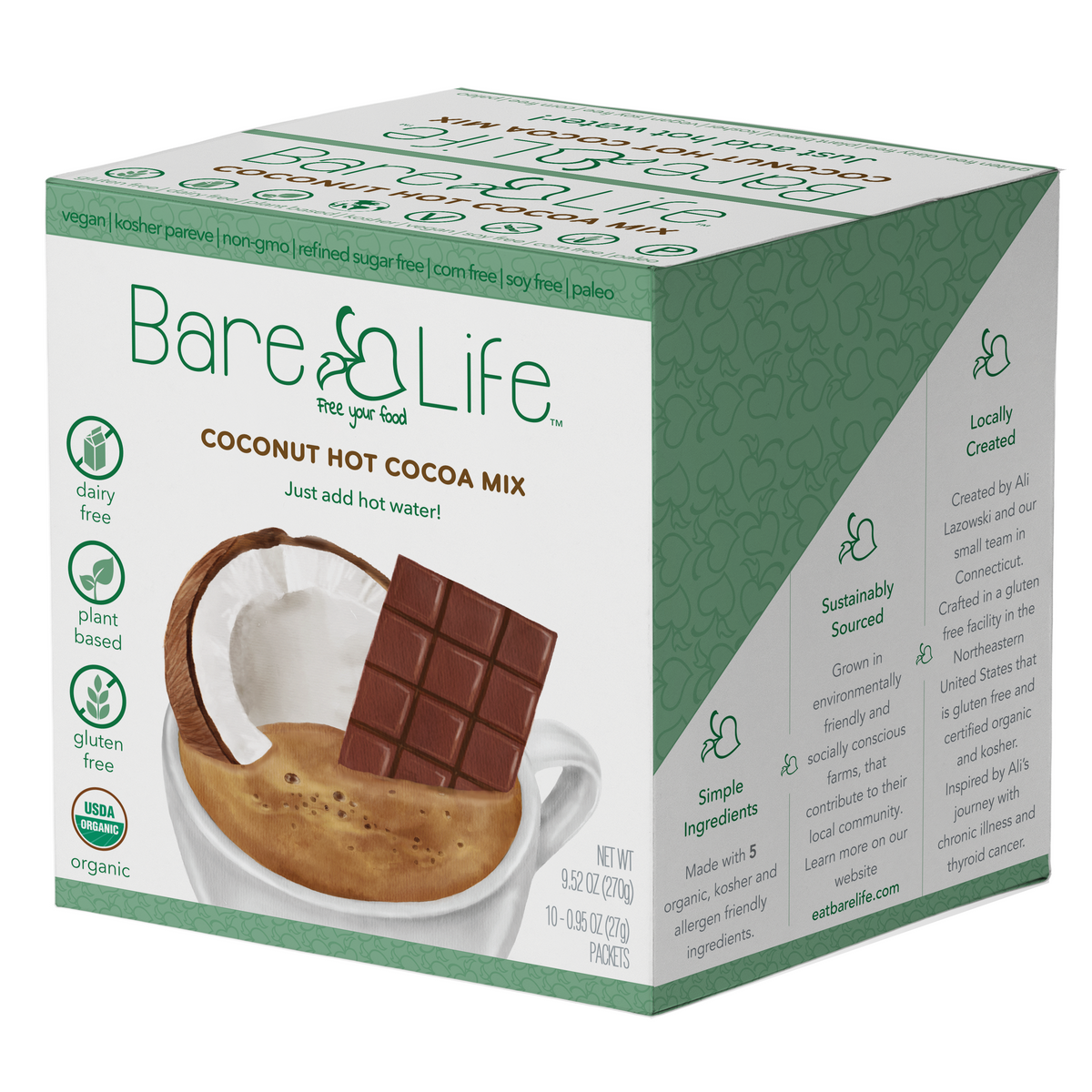 Instant Dairy Free Coconut Hot Cocoa Mix  | Single Serving 10 Pack |Gluten Free, Vegan and Organic Bare Life