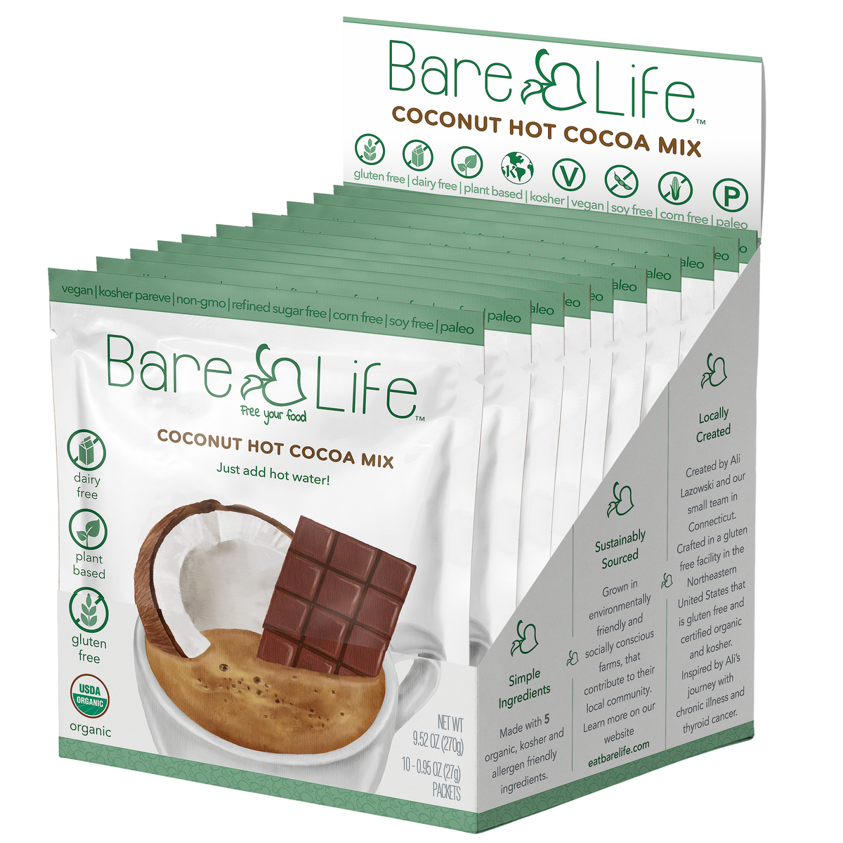 Instant Dairy Free Coconut Hot Cocoa Mix  | Single Serving 10 Pack |Gluten Free, Vegan and Organic Bare Life